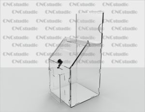 Box-22   Ящик для сбора средств. Материал акрил 1,8 мм+3 мм. Габариты 212х300х200 мм. Топ А5 горизонтальный. Карман обьемный А6