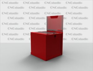 Box-42 Ящик для сбора средств. Материал акрил 1,8 мм + 3 мм цветной . Габариты 300х300х300 мм. Топ А4 плоский горизонтальный на скотче